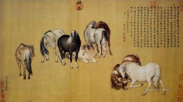 Lang brillando ocho caballos tinta china antigua Giuseppe Castiglione Pinturas al óleo